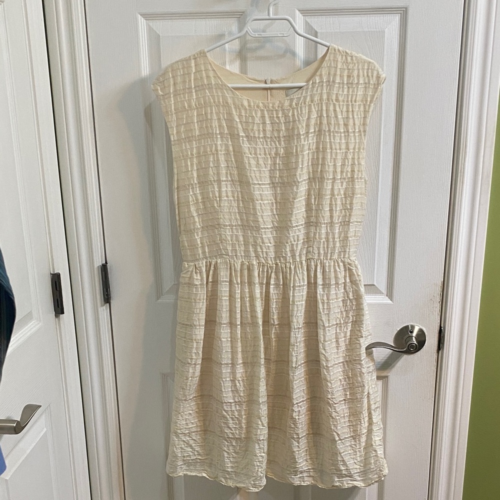 Amanda Moss Crepe Cream Silk Linen Blend Sleeveless Midi Dress Size Large Pocket
